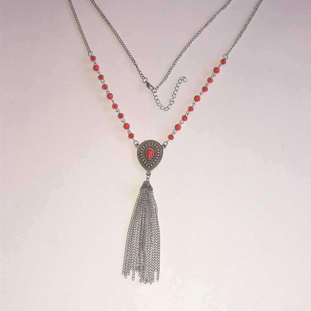 Silver Tassel Pendant Necklace with Coral Color Beads